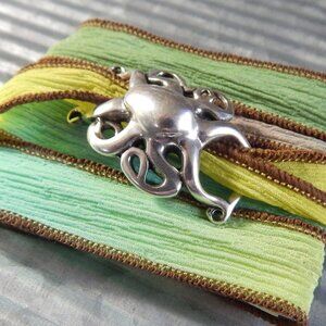 OCTOPUS - Bracelet - Hand Dyed Silk Ribbon - Lime to Yellow - Handmade